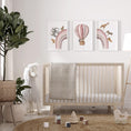 Load image into Gallery viewer, Hot Air Balloon and Rainbow Safari Animals | Pink | Set of 3 Nursery Prints - RoseRowanDesign
