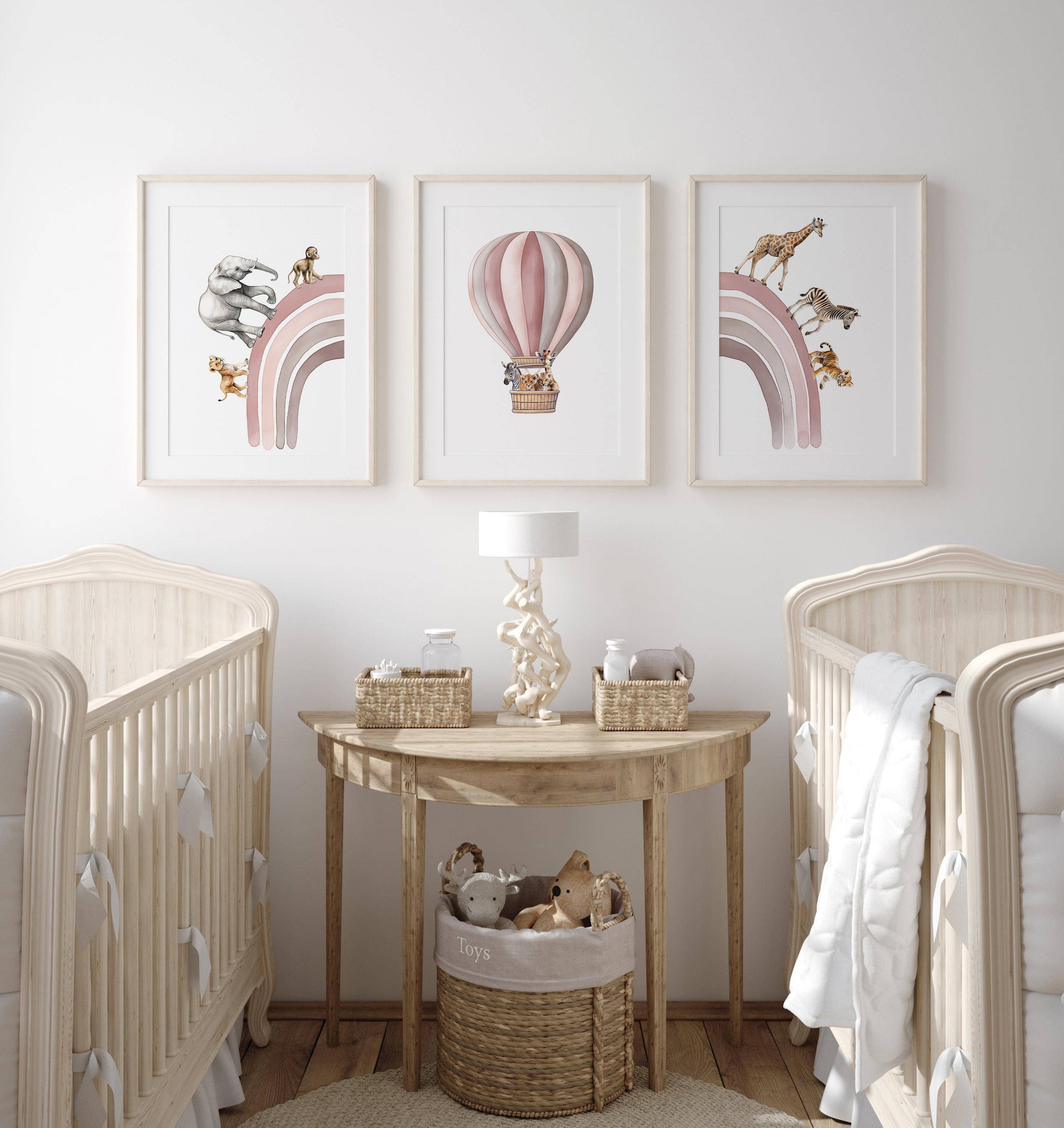 Hot Air Balloon and Rainbow Safari Animals | Pink | Set of 3 Nursery Prints - RoseRowanDesign