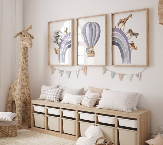 Hot Air Balloon and Rainbow Safari Animals | Purple | Set of 3 Nursery Prints - RoseRowanDesign