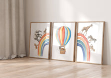 Hot Air Balloon and Rainbow Safari Animals | Rainbow | Set of 3 Nursery Prints - RoseRowanDesign