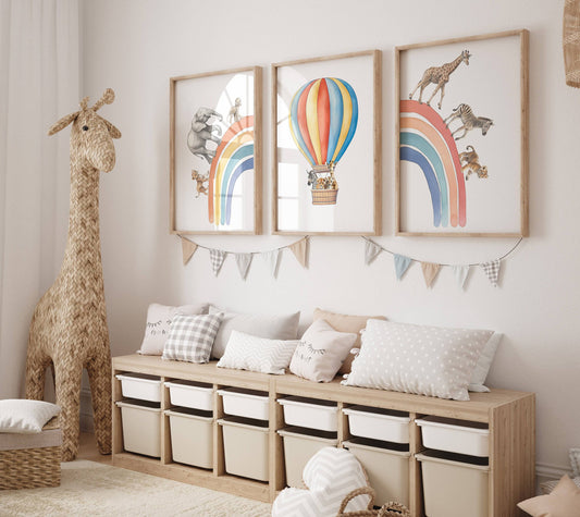 Hot Air Balloon and Rainbow Safari Animals | Rainbow | Set of 3 Nursery Prints - RoseRowanDesign