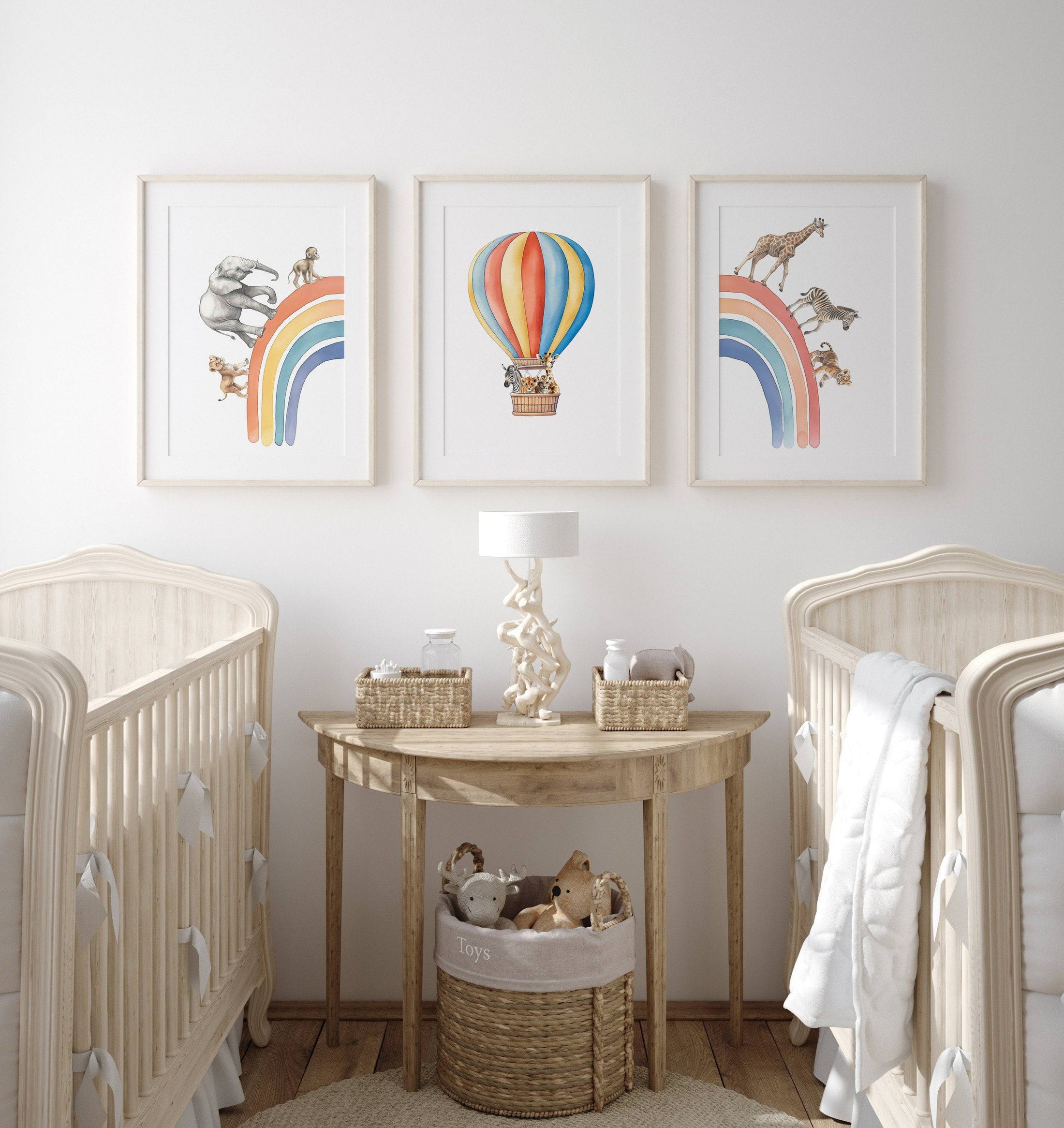 Hot Air Balloon and Rainbow Safari Animals | Rainbow | Set of 3 Nursery Prints - RoseRowanDesign