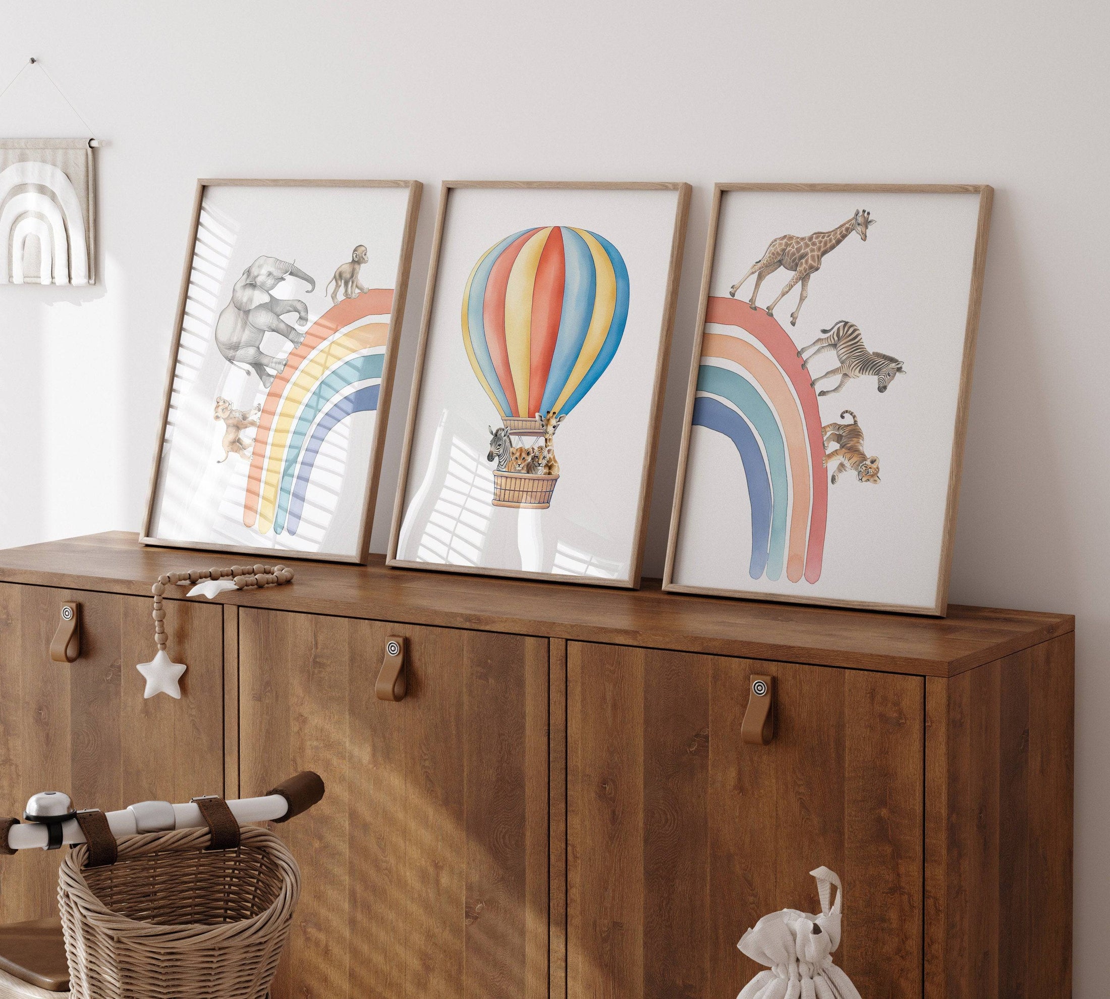 Hot Air Balloon and Rainbow Safari Animals | Rainbow | Set of 3 Nursery Prints - RoseRowanDesign