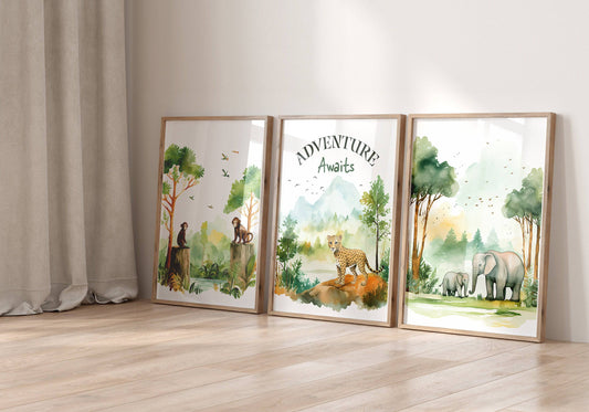 Jungle Nursery Prints | Set of 3 | Forest Adventure Wall Art for Unisex Bedroom - RoseRowanDesign