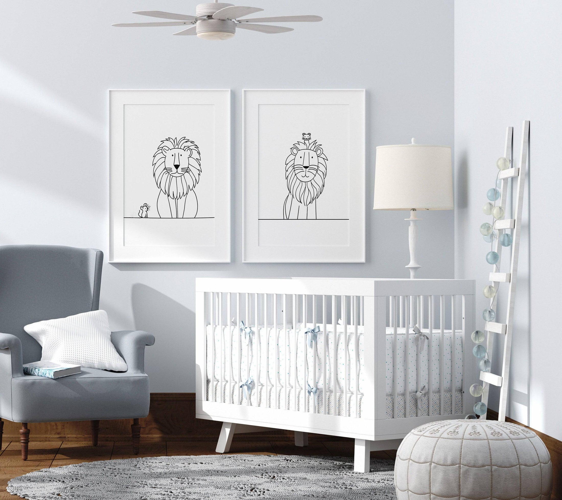 Line Art Nursery Prints | Set of 2 | Lion & Mouse Black and White Wall Art for Kids' Room - RoseRowanDesign