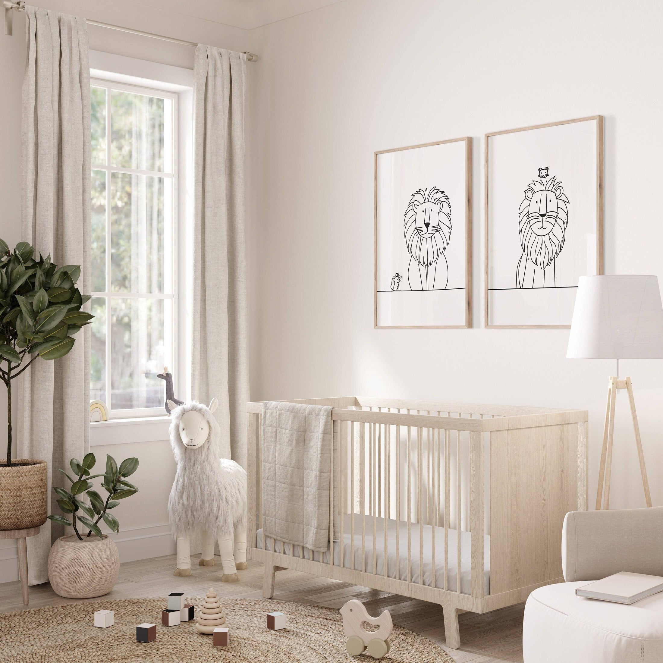 Line Art Nursery Prints | Set of 2 | Lion & Mouse Black and White Wall Art for Kids' Room - RoseRowanDesign