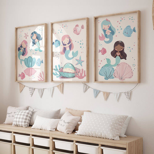 Mermaid Kids Wall Art | Set of 3 Nursery Prints - RoseRowanDesign