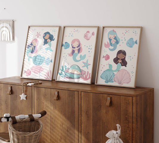 Mermaid Kids Wall Art | Set of 3 Nursery Prints - RoseRowanDesign