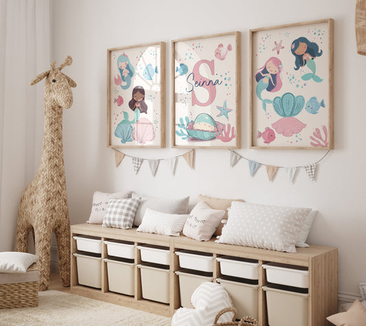 Mermaid Nursery Prints | Set of 3 | Personalised Wall Art for Girls' Room - RoseRowanDesign
