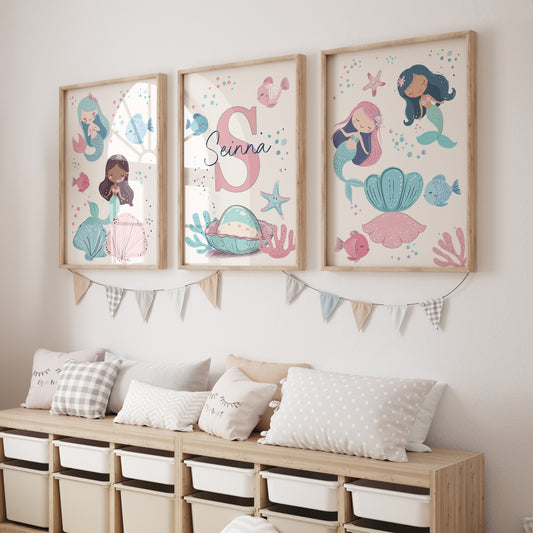 Mermaid Nursery Prints | Set of 3 | Personalised Wall Art for Girls' Room - RoseRowanDesign