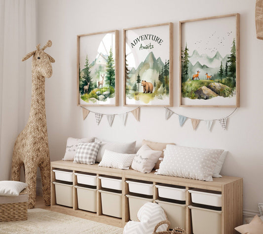Mountain Nursery Prints | Set of 3 | Forest Adventure Wall Art for Unisex Bedroom - RoseRowanDesign