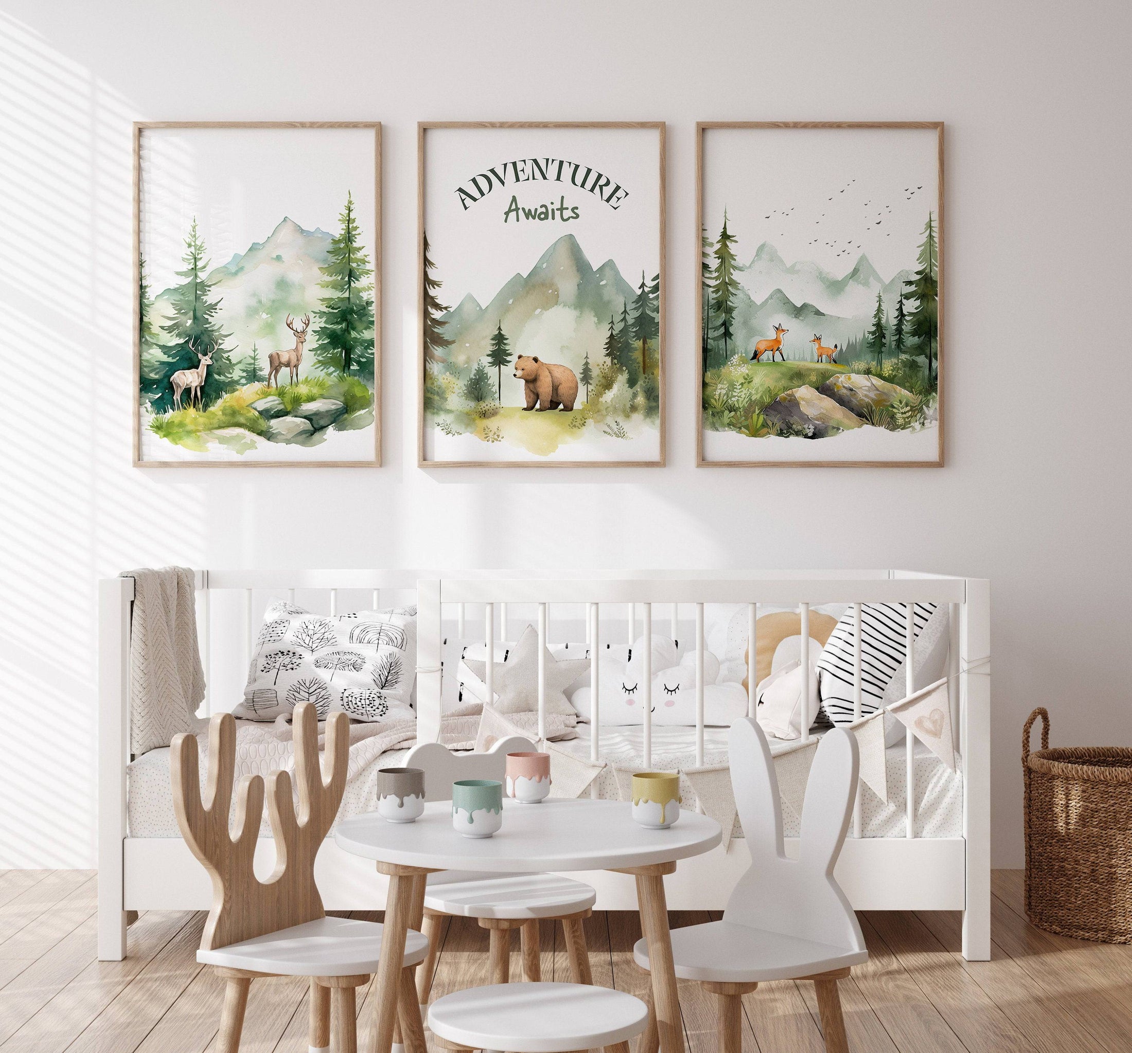 Mountain Nursery Prints | Set of 3 | Forest Adventure Wall Art for Unisex Bedroom - RoseRowanDesign