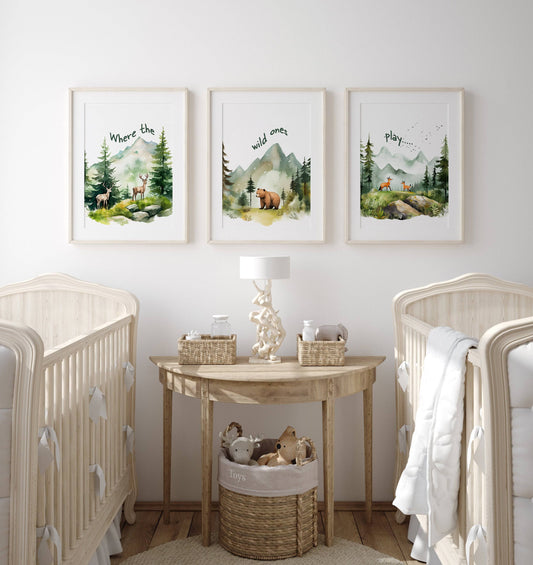 Mountain Nursery Prints | Set of 3 | Green Forest Adventure Wall Art for Unisex Bedroom - RoseRowanDesign