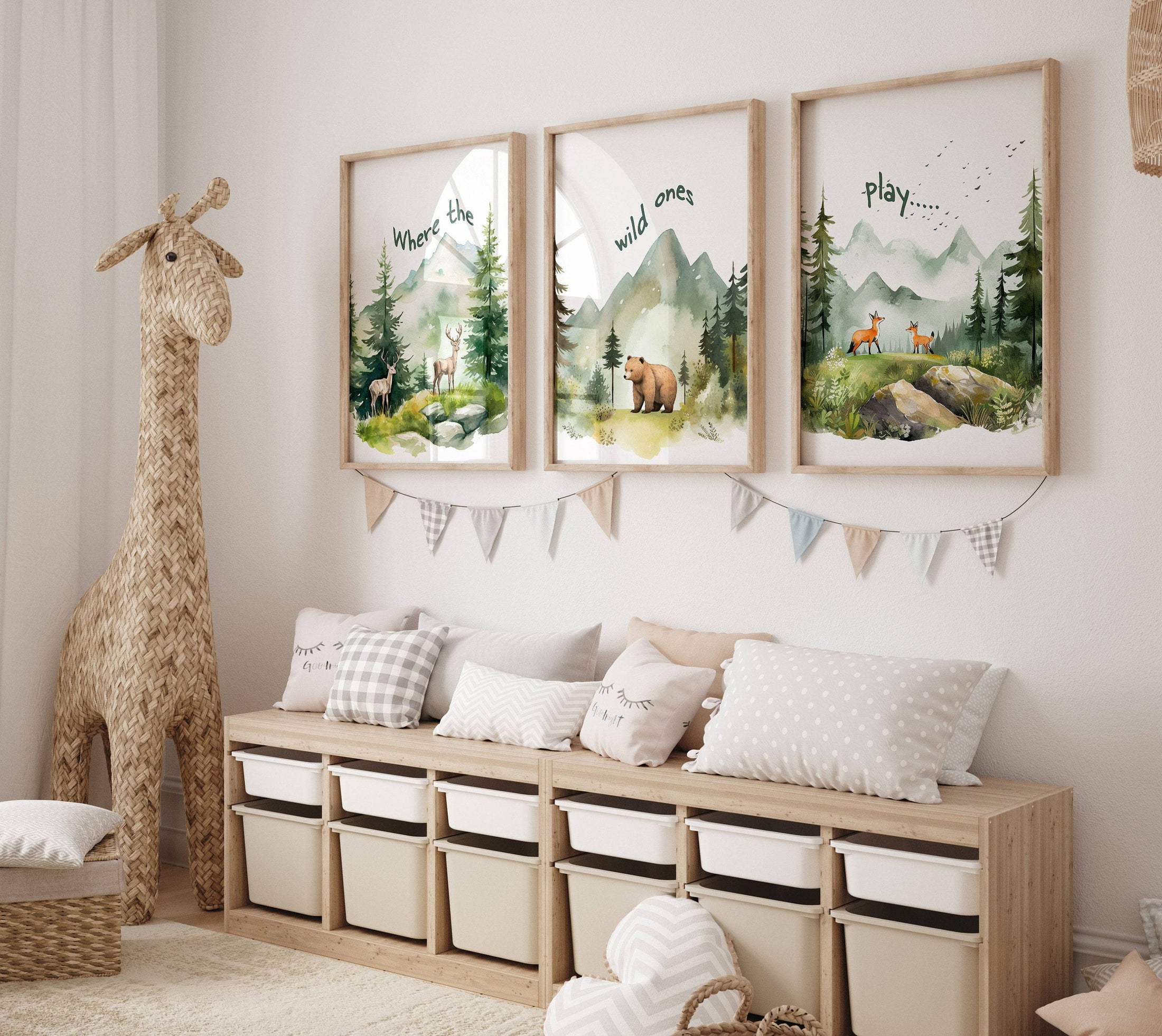 Mountain Nursery Prints | Set of 3 | Green Forest Adventure Wall Art for Unisex Bedroom - RoseRowanDesign