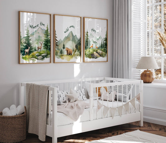 Mountain Nursery Prints | Set of 3 | Green Forest Adventure Wall Art for Unisex Bedroom - RoseRowanDesign