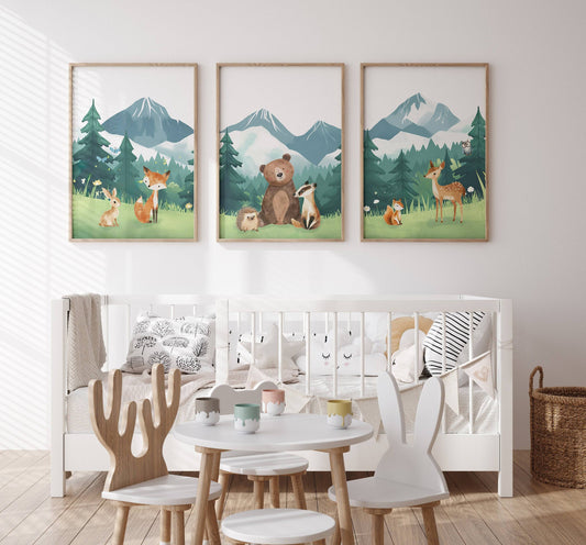 Mountain & Woodland Animal Prints | Set of 3 | Green Forest Wall Art for Unisex Nursery - RoseRowanDesign