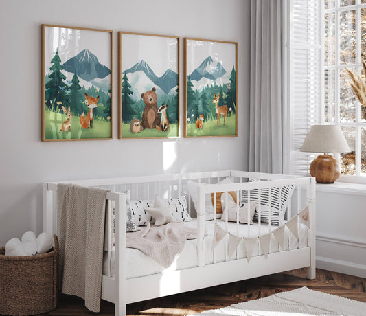Mountain & Woodland Animal Prints | Set of 3 | Green Forest Wall Art for Unisex Nursery - RoseRowanDesign