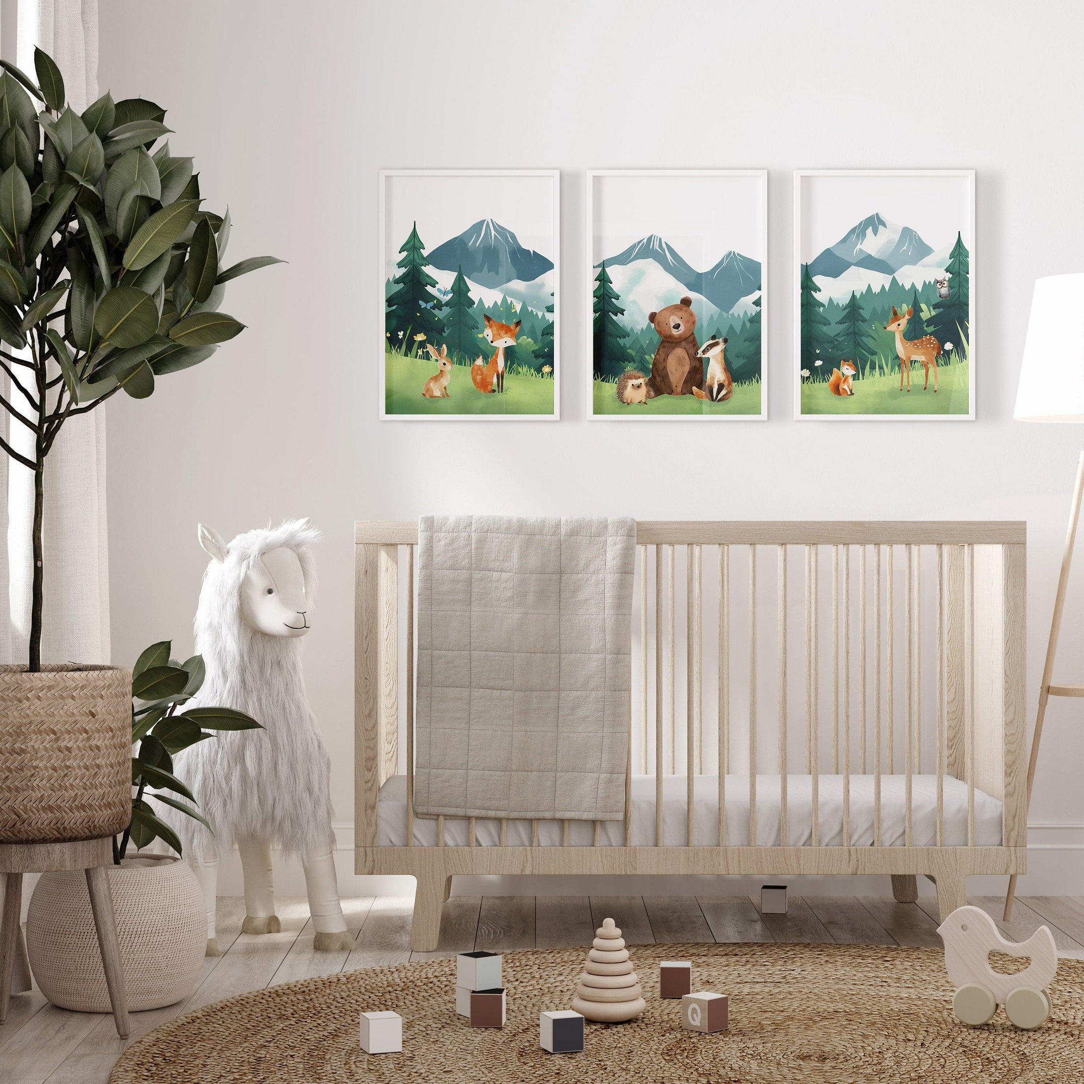 Mountain & Woodland Animal Prints | Set of 3 | Green Forest Wall Art for Unisex Nursery - RoseRowanDesign