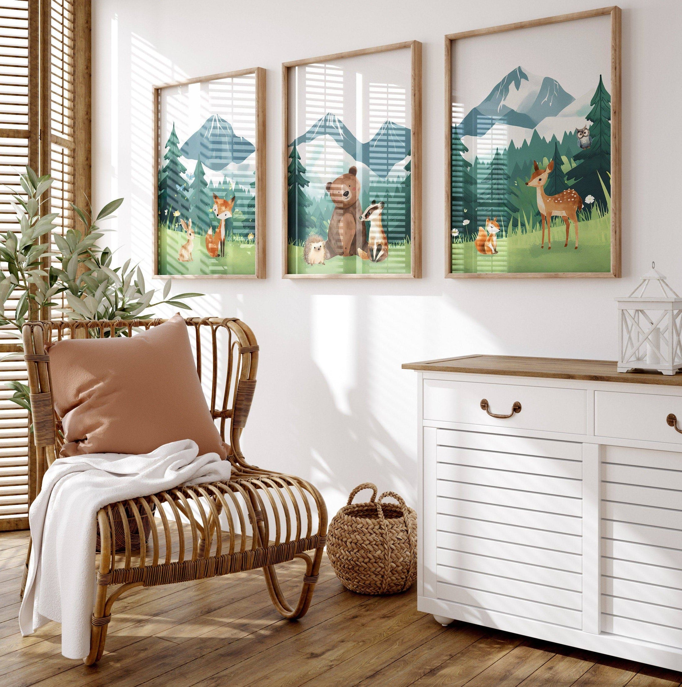 Mountain & Woodland Animal Prints | Set of 3 | Green Forest Wall Art for Unisex Nursery - RoseRowanDesign