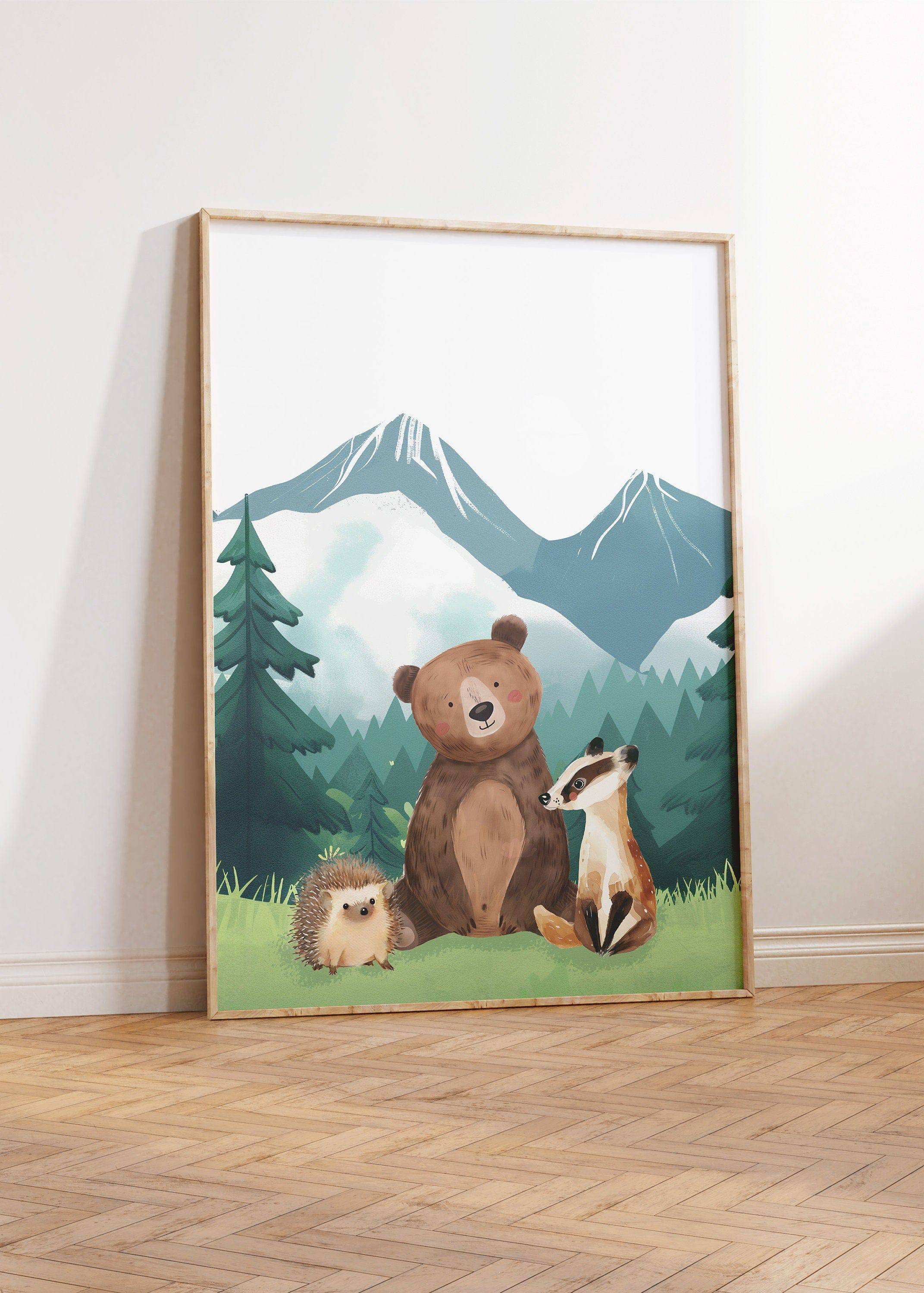 Mountain & Woodland Animal Prints | Set of 3 | Green Forest Wall Art for Unisex Nursery - RoseRowanDesign