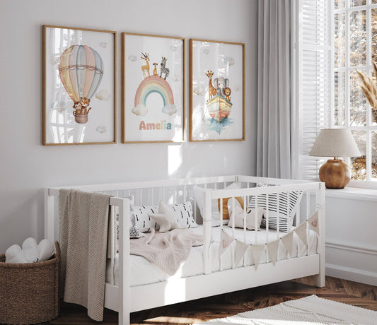 Personalised Set of 3 Safari Animal Prints for Nursery, Bedroom or Playroom, Gender Neutral Baby's Room, Hot Air Balloon, Boat & Rainbow - RoseRowanDesign
