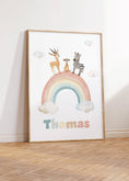 Load image into Gallery viewer, Personalised Set of 3 Safari Animal Prints for Nursery, Bedroom or Playroom, Gender Neutral Baby's Room, Hot Air Balloon, Boat & Rainbow - RoseRowanDesign
