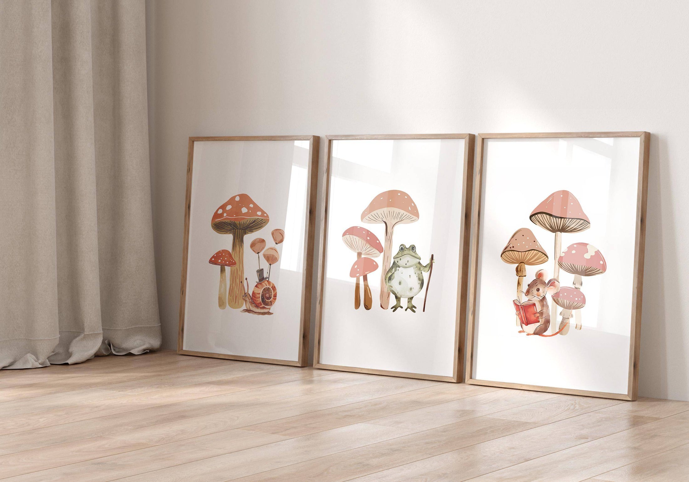 Mushroom Nursery Prints | Set of 3 | Neutral Boho Forest Wall Art for Kids' Bedroom - RoseRowanDesign