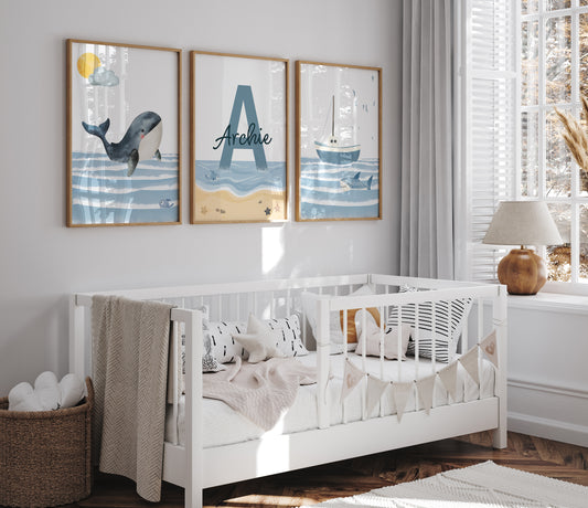Ocean Nursery Prints | Set of 3 | Personalized ocean Wall Art for childs' Room - RoseRowanDesign