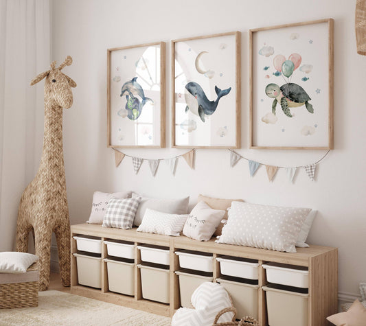 Ocean Theme Nursery Prints | Set of 3 | Whimsical Sea Creatures Wall Art for Baby Boy's Room - RoseRowanDesign