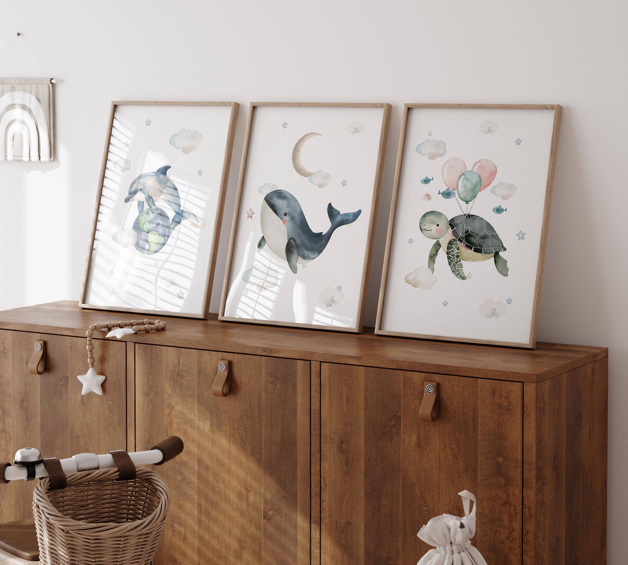 Ocean Theme Nursery Prints | Set of 3 | Whimsical Sea Creatures Wall Art for Baby Boy's Room - RoseRowanDesign