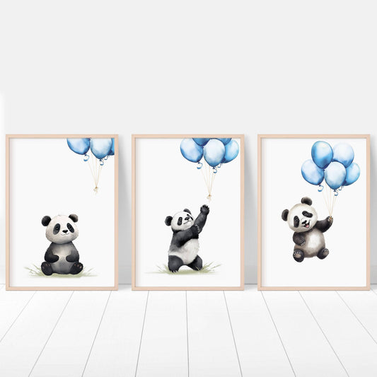 Panda Bear Nursery Prints | Set of 3 | Blue Balloon Wall Art for Baby Boy's Room - RoseRowanDesign