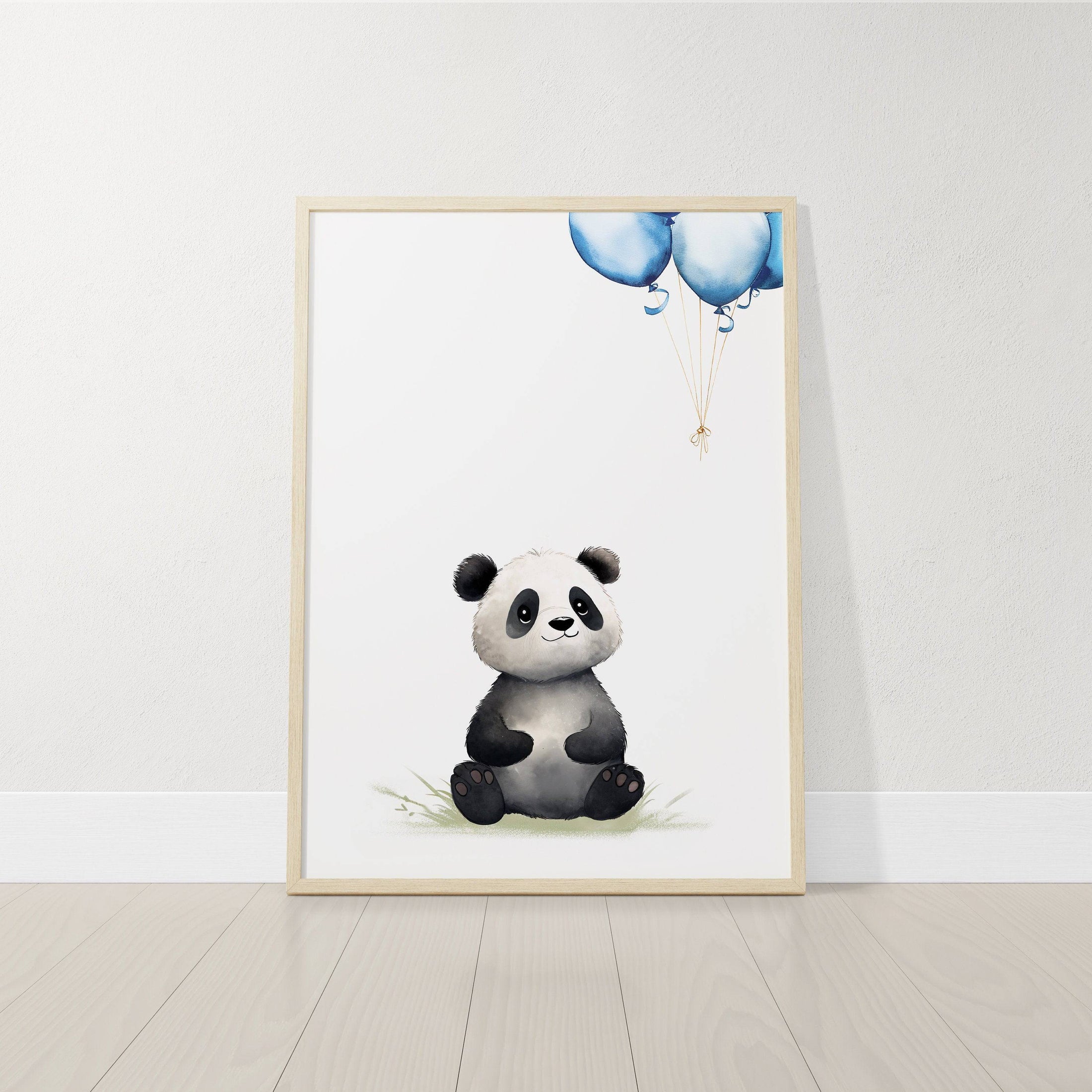 Panda Bear Nursery Prints | Set of 3 | Blue Balloon Wall Art for Baby Boy's Room - RoseRowanDesign