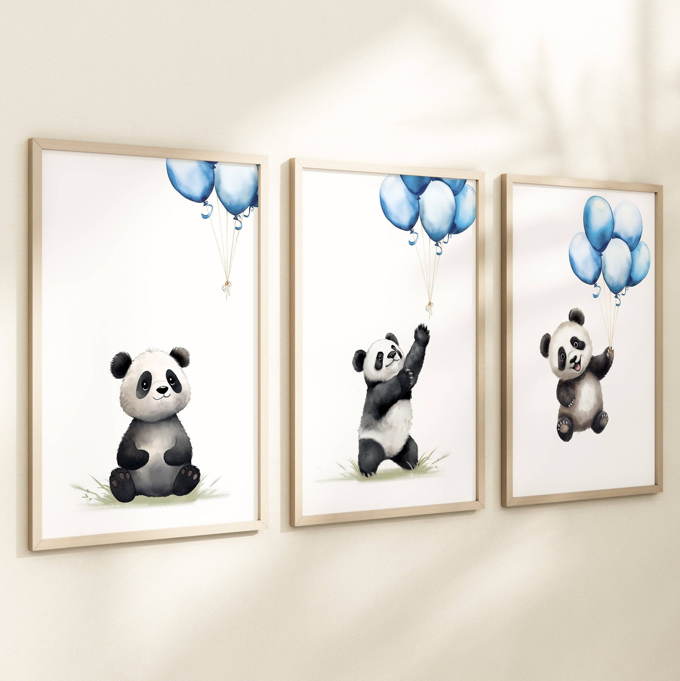 Panda Bear Nursery Prints | Set of 3 | Blue Balloon Wall Art for Baby Boy's Room - RoseRowanDesign