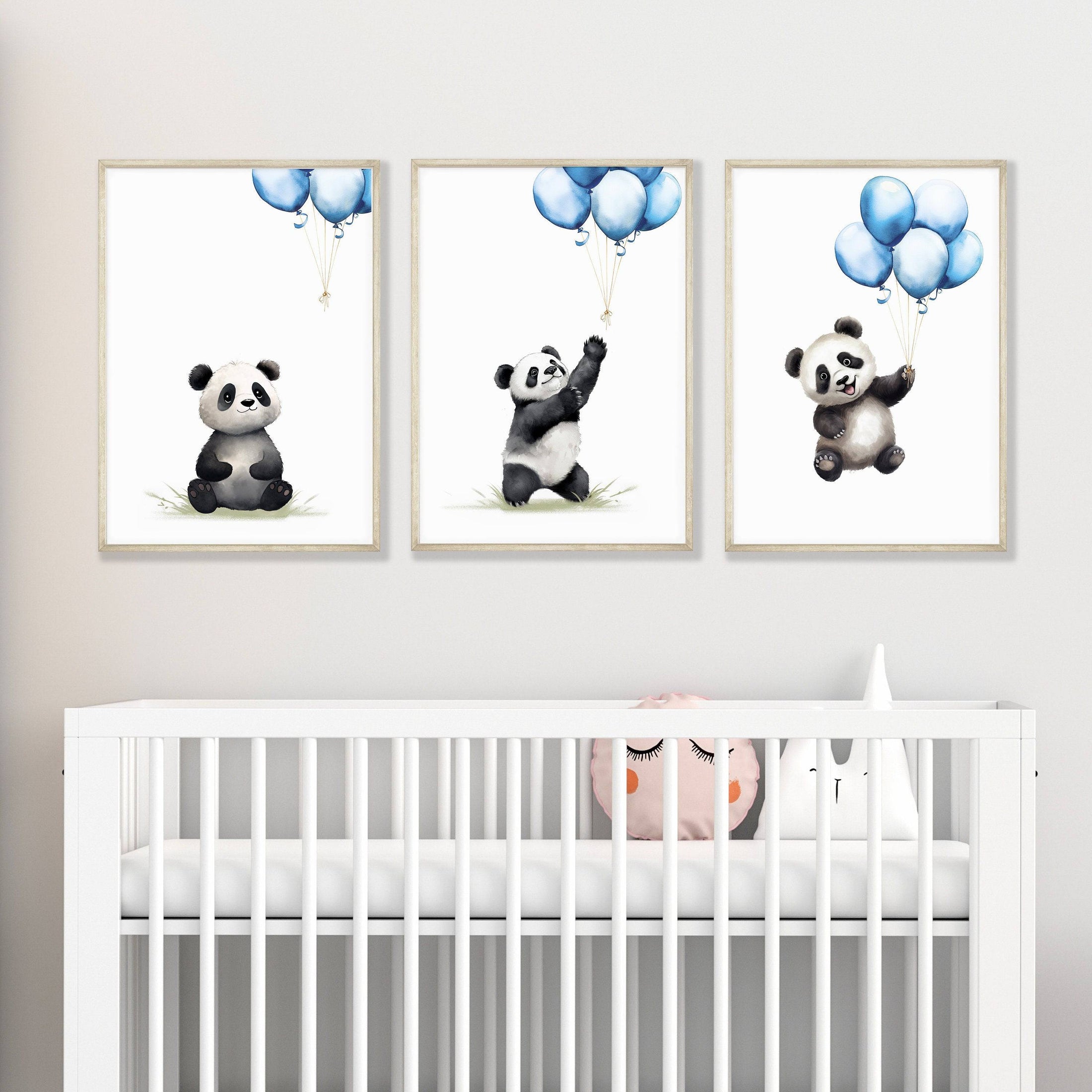 Panda Bear Nursery Prints | Set of 3 | Blue Balloon Wall Art for Baby Boy's Room - RoseRowanDesign