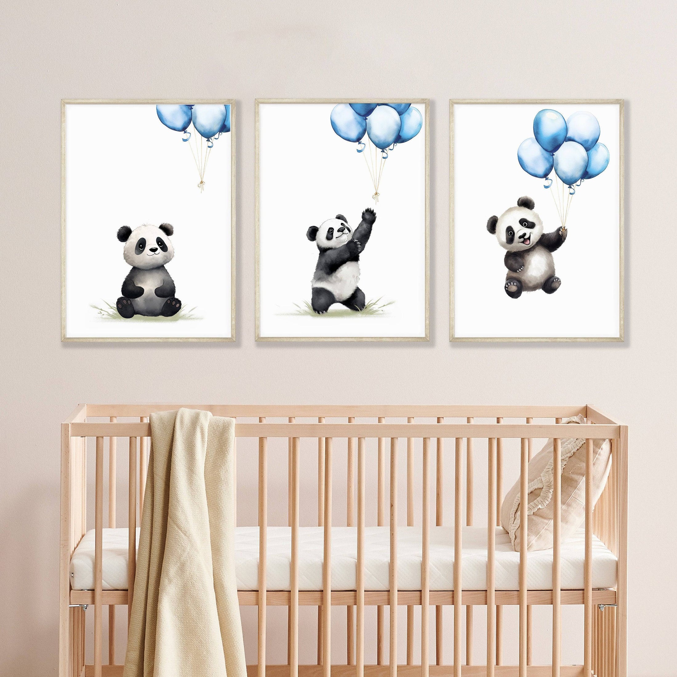 Panda Bear Nursery Prints | Set of 3 | Blue Balloon Wall Art for Baby Boy's Room - RoseRowanDesign