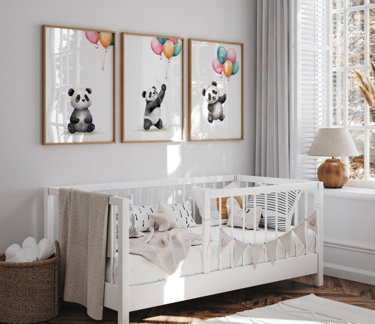 Panda Bear Nursery Prints | Set of 3 | Neutral Animal Wall Art for Baby's Bedroom - RoseRowanDesign