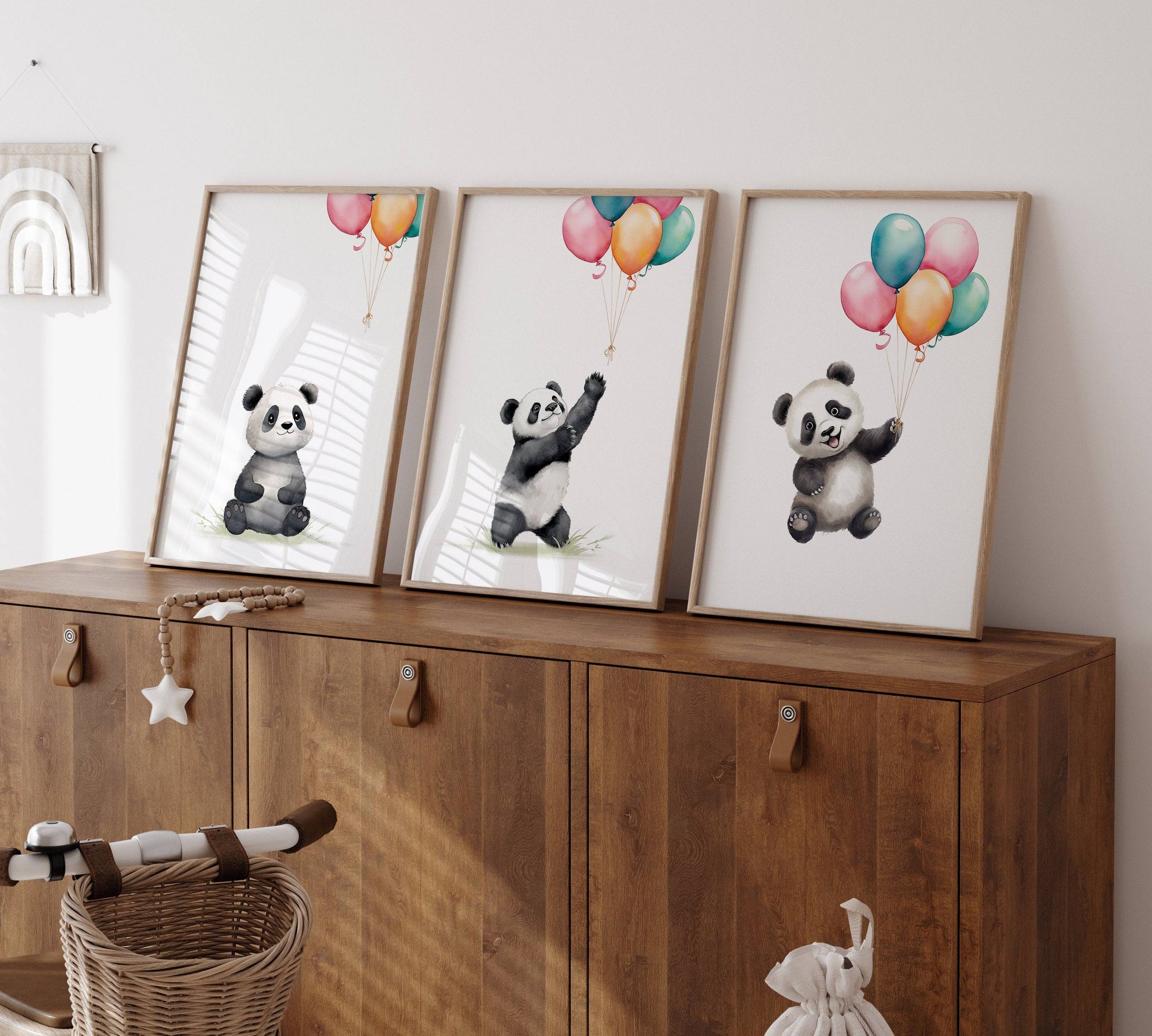 Panda Bear Nursery Prints | Set of 3 | Neutral Animal Wall Art for Baby's Bedroom - RoseRowanDesign