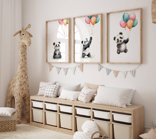 Panda Bear Nursery Prints | Set of 3 | Neutral Animal Wall Art for Baby's Bedroom - RoseRowanDesign