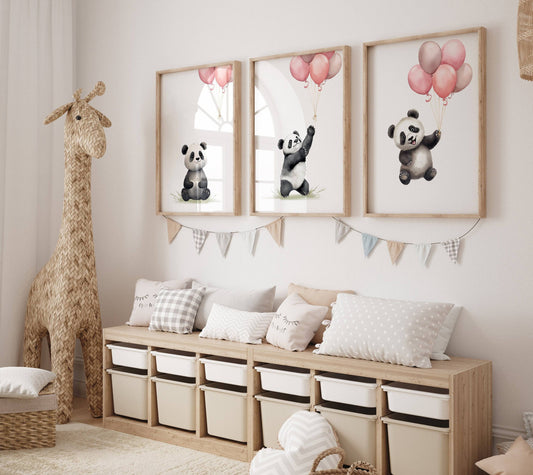 Panda Bear Nursery Prints | Set of 3 | Pink Balloon Wall Art for Baby Girl's Bedroom - RoseRowanDesign