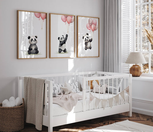 Panda Bear Nursery Prints | Set of 3 | Pink Balloon Wall Art for Baby Girl's Bedroom - RoseRowanDesign