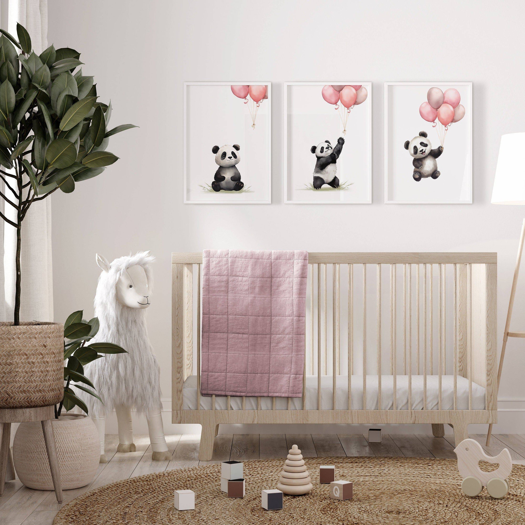 Panda Bear Nursery Prints | Set of 3 | Pink Balloon Wall Art for Baby Girl's Bedroom - RoseRowanDesign