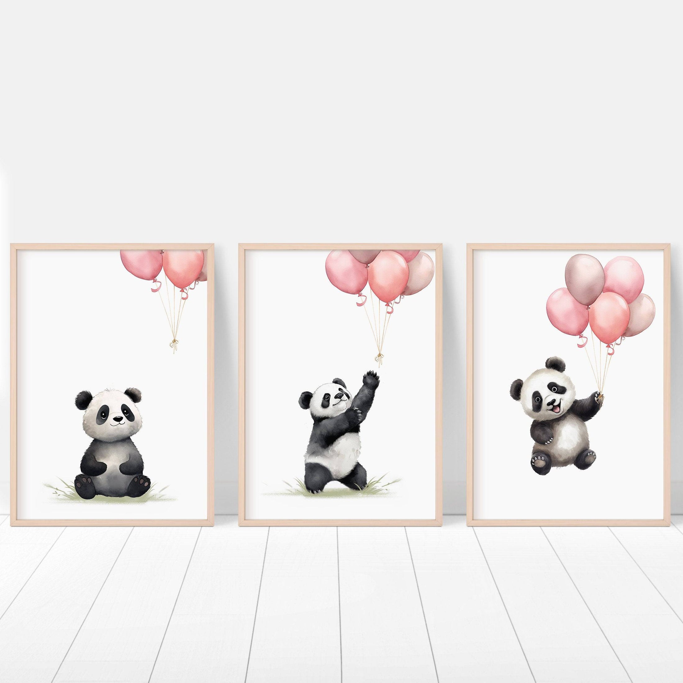 Panda Bear Nursery Prints | Set of 3 | Pink Balloon Wall Art for Baby Girl's Bedroom - RoseRowanDesign