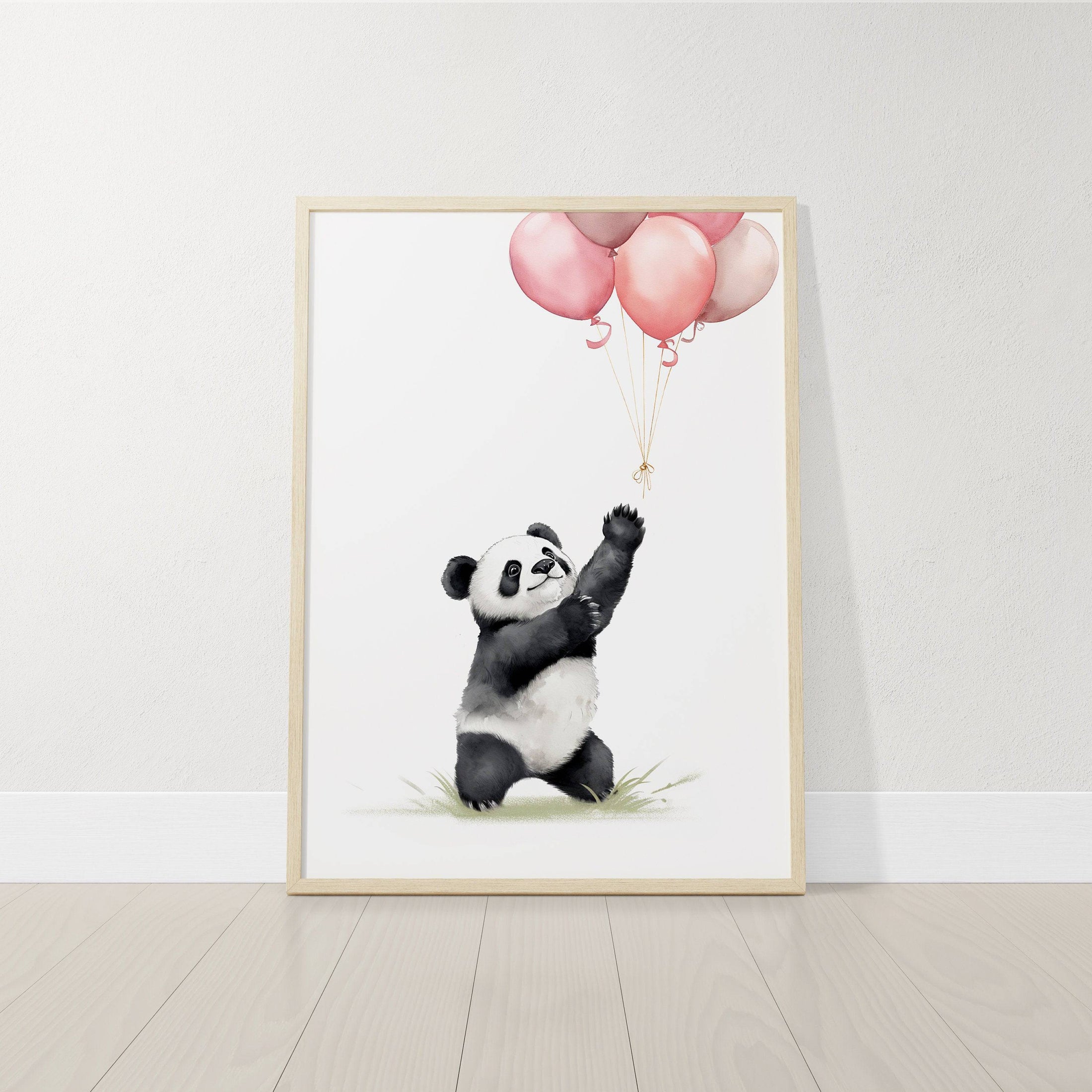 Panda Bear Nursery Prints | Set of 3 | Pink Balloon Wall Art for Baby Girl's Bedroom - RoseRowanDesign