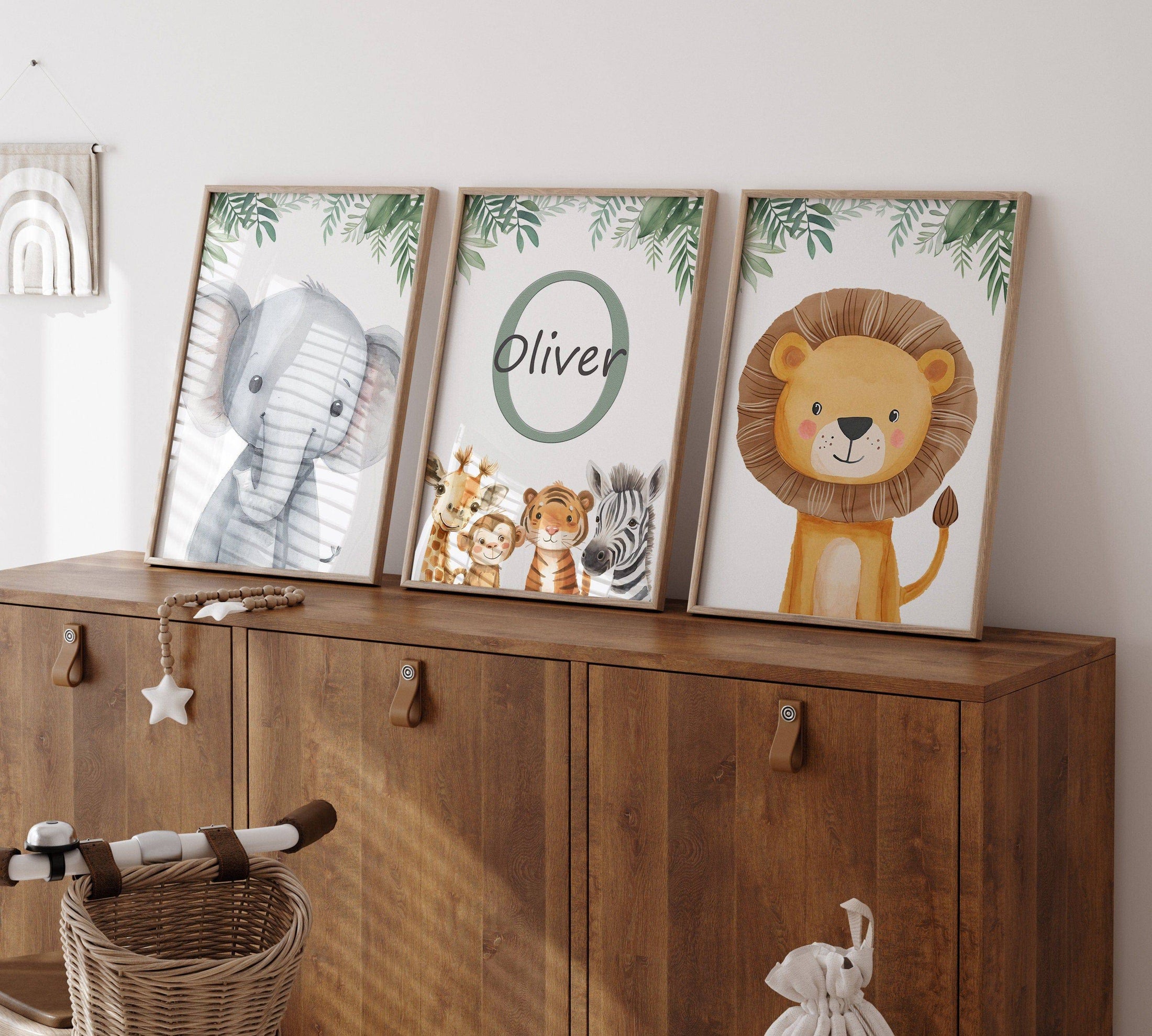 Personalised Child's Name Safari Animal Wall Art | Green Background | Set of 3 Nursery Prints - RoseRowanDesign