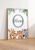 Load image into Gallery viewer, Personalised Child's Name Safari Animal Wall Art | Green Background | Set of 3 Nursery Prints - RoseRowanDesign
