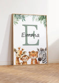 Load image into Gallery viewer, Personalised Child's Name Safari Animal Wall Art | Green Background | Set of 3 Nursery Prints - RoseRowanDesign
