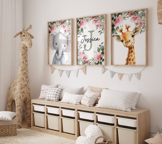 Personalised Child's Name Safari Animal Wall Art | Pink Background | Set of 3 Nursery Prints - RoseRowanDesign