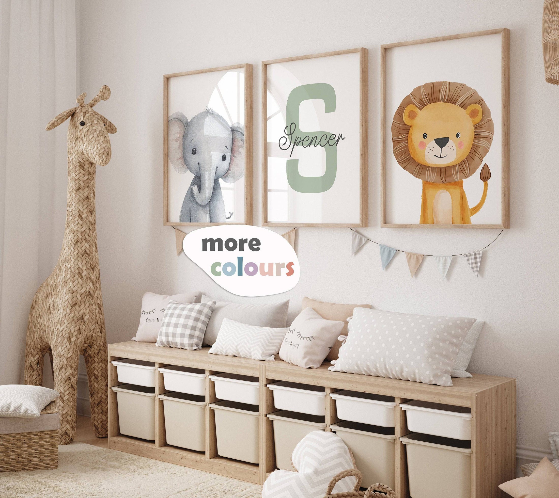 Personalised Child's Name Safari Animal Wall Art | Plain Background | Set of 3 Nursery Prints - RoseRowanDesign
