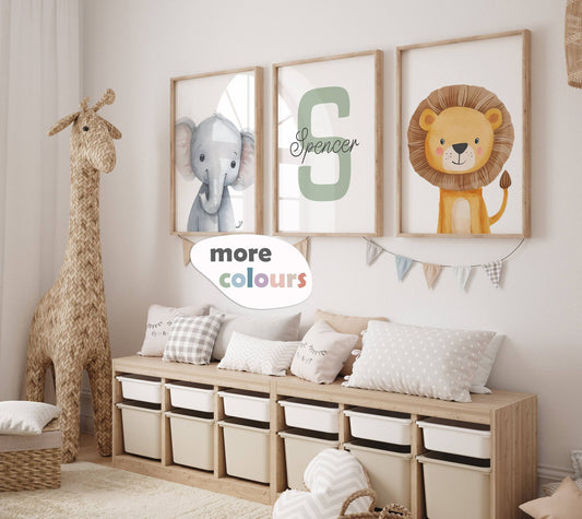 Personalised Child's Name Safari Animal Wall Art | Plain Background | Set of 3 Nursery Prints - RoseRowanDesign