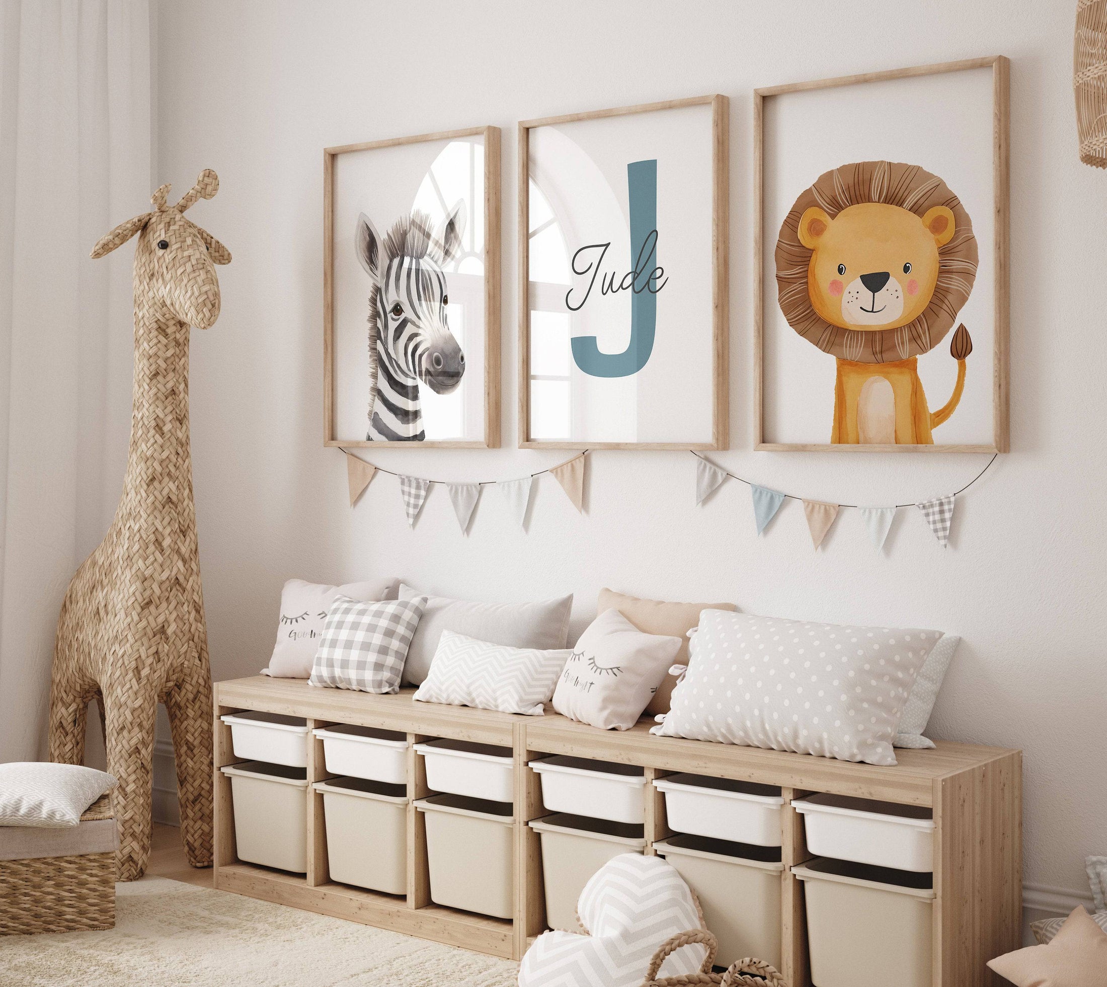Personalised Child's Name Safari Animal Wall Art | Plain Background | Set of 3 Nursery Prints - RoseRowanDesign